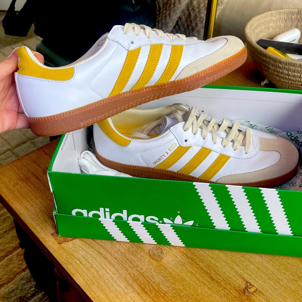 adidas Samba Sporty & Rich White Bold Gold ( Mens 9.5  Womens 10.5/11)